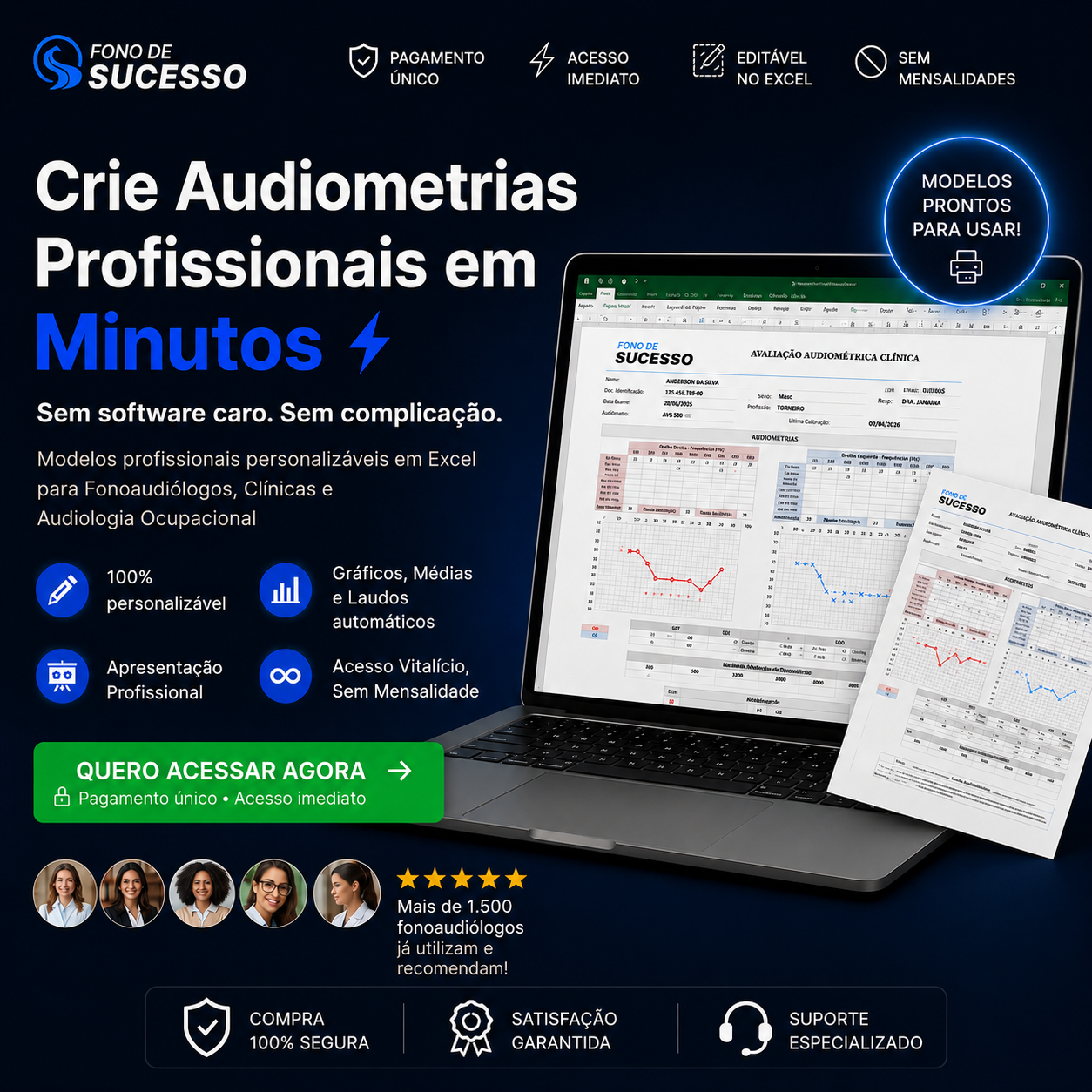 Modelos de audiometria clínica e ocupacional editáveis no Excel