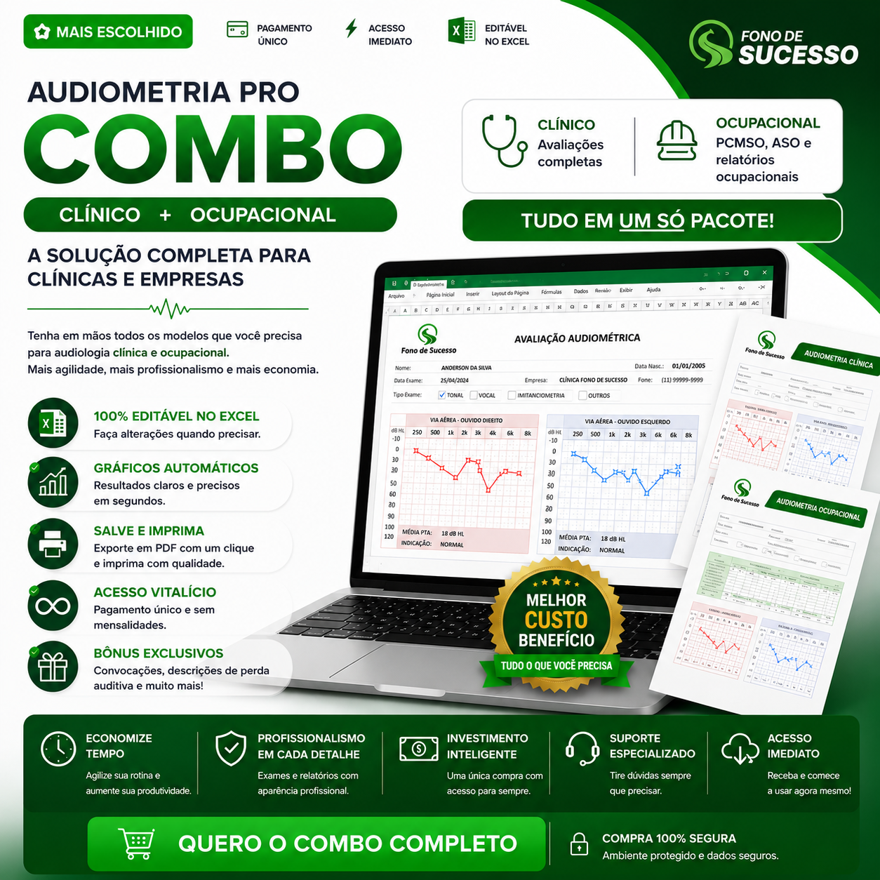 Audiometria editável clínica e ocupacional profissional